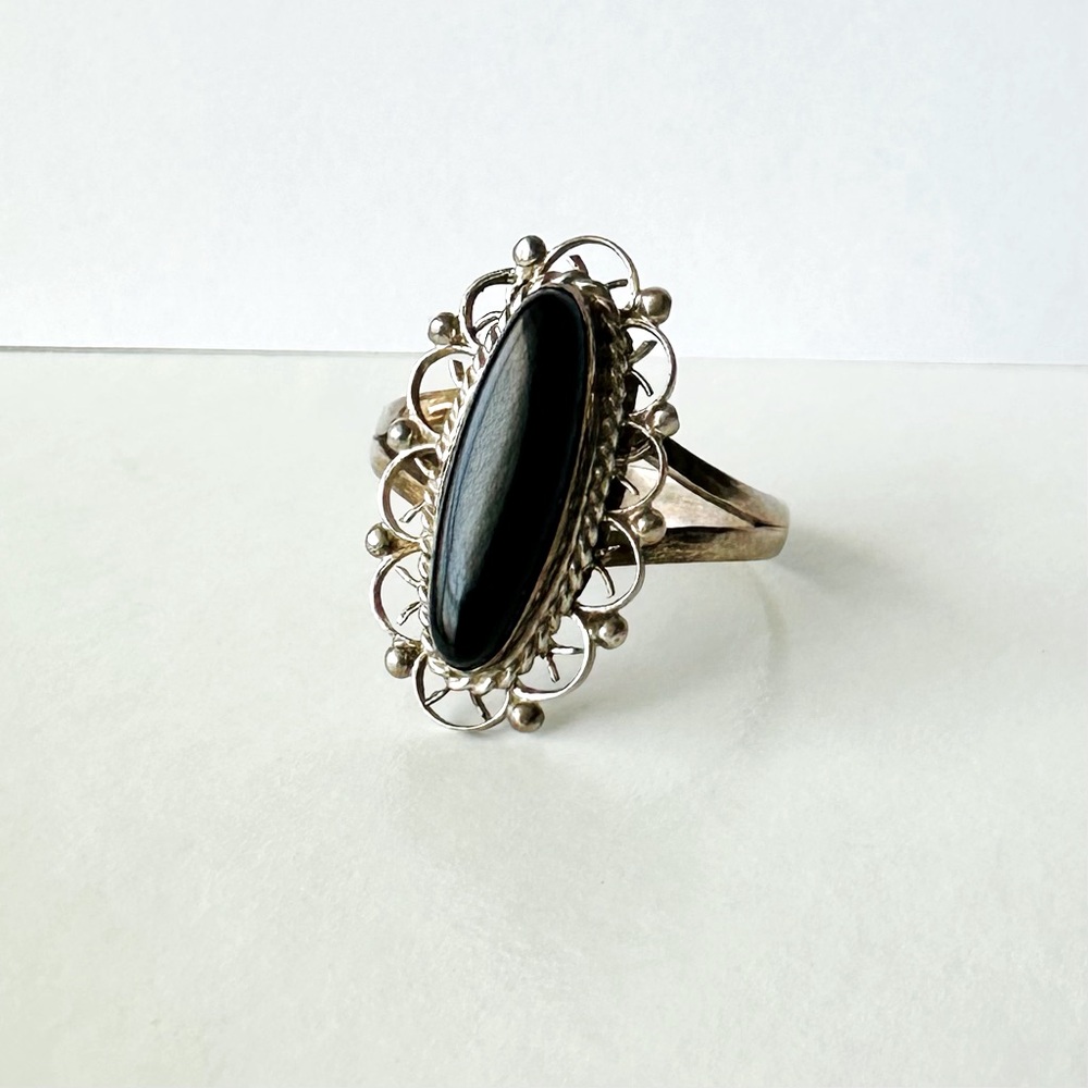 Vintage STERLING Silver & Onyx Filigree Mexico Signed Ring, Size 5